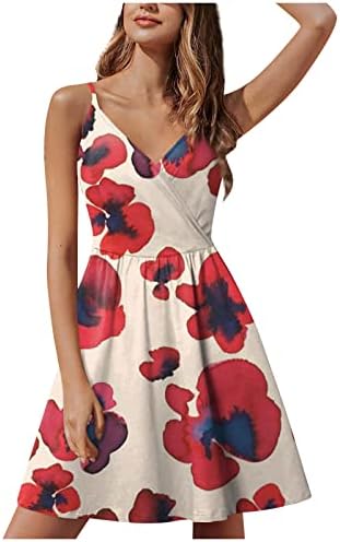 Пролетен фустан за жени, женски летен обичен моден моден без ракав, в-вратот, цветен фустан за печатење