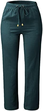 Памучни постелнини панталони за жени лето висока половината цврста боја лабава еластична широка панталони за нозе, панталони