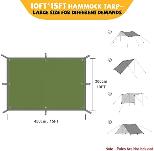 Кампување тарп, Khikerbro 10 × 15ft hammock tarp, водоотпорен хамак со големи димензии, лет од лесен дожд, лесен шатор со ладилки