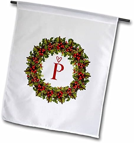 3drose Letter P- Црвен Бери Холи венец со скриптно срце - знамиња