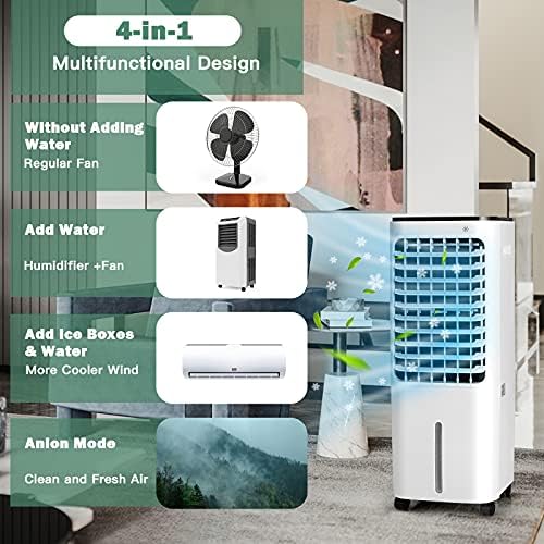 Ладилник за испарување на Дортала, 4-во-1 преносен ладилник за воздух со вентилатор, навлажнувач и анјон, 4 режими на ветер,