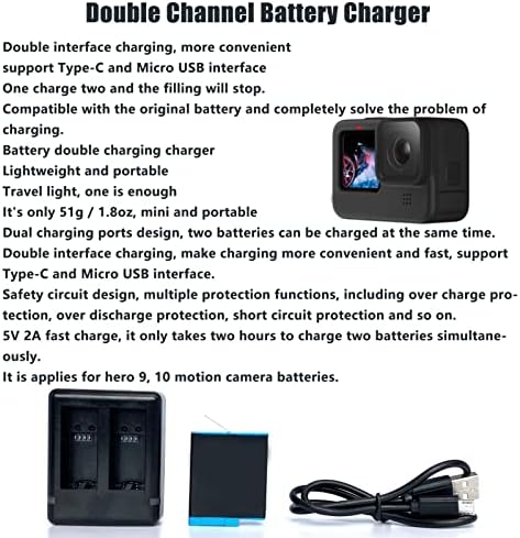 Vifemify Полнач за батерии со двојни канали, двојни порта на камера со двојни канали полнач за батерии за херој 9 10 додатоци