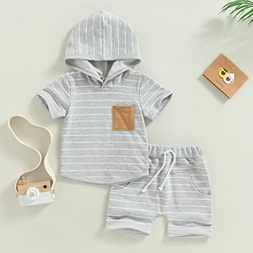 Tetyseysh новороденче момчиња за летни облеки облека облека со кратки ракави со качулка + обични еластични шорцеви за влечење
