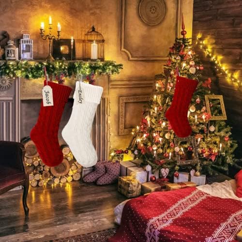 Thrjia плетени Божиќни чорапи 2 пакувања, 18,5 инчи плетени чорапи Божиќни чорапи за семејни забави празници Божиќни украси,