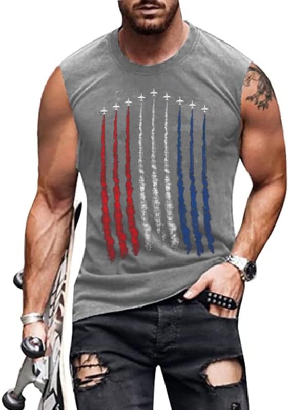 4 -ти јули Американско знаме Патриотски резервоарот Топ кошули Менс воздухопловни летала летање на мускули без ракави за вежбање