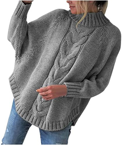 Expenseе женски преголем пулвер плетен скокач со долг ракав, лежерен џемпер, исмејуван кабел за вратот, плетени џемпери врвови