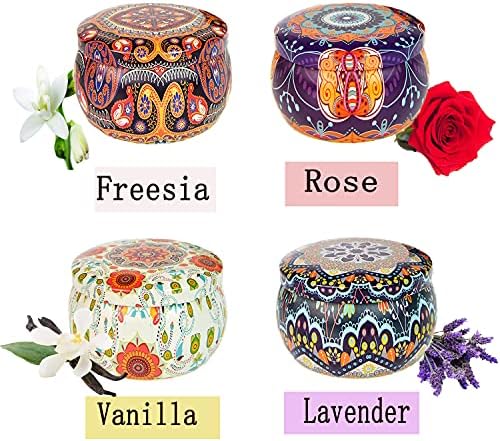 Миризливи соја свеќи ароматерапии Подароци сет: роза лаванда ванила фрезија 4 парчиња природен восок 4,4 унца патувања