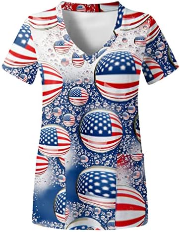 4 јули Маица За Жени Американско Знаме Летни Маици Со Кратки Ракави Со Врат Со 2 Џебови Блузи Празнична Секојдневна Работна