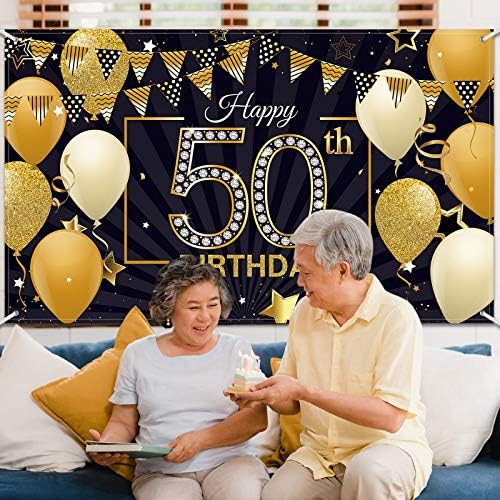 Среќен 50-Ти Роденден Позадина Голема Ткаенина Црно Злато 50-Годишнина Знак За Роденден Банер Фото Кабина Фотографија Позадина
