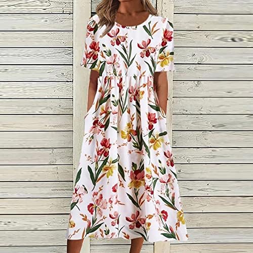 Nokmopo женски фустани случајни, женски летен случај на летна мода отпечатен краток ракав 2022 o-врат џеб фустан
