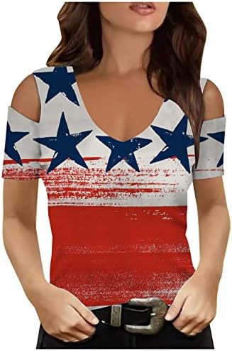 Женски ладно рамо на 4 -ти јули врвови тенок фит патриотски кошули празници Бардо врвови на американско знаме за печатење на