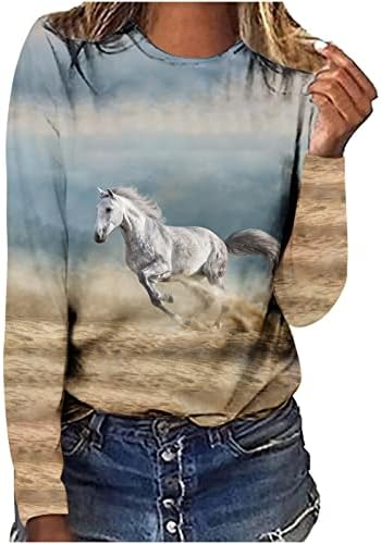 Oplxuo Коњски печати џемпер за жени мода 3D печатење графичка маица екипаж на екипажот со долги ракави врвни трендовски џемпери