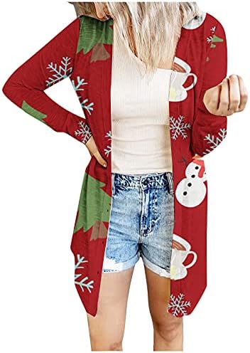 Божиќен кардиган за жени, обичен долг ракав отворен предни туники модни лесни кардигани за празници за надворешни работи