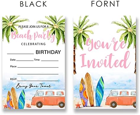 Покани За Забава На плажа Со Пликови Поставени од 20, Роденденска Забава За Сурфер На Плажа Пополнете Картички За Покани