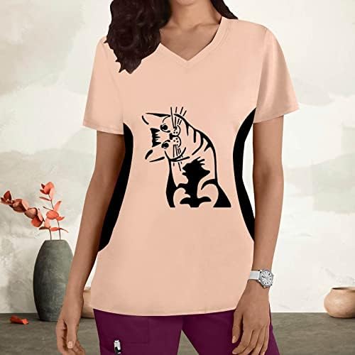 Летни маички кошули жени жени плус големина врвот V вратот кратки ракави мачки отпечатоци маица блузи блузи