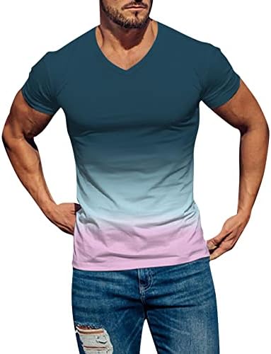 Zddo Mens Soldier кратки ракави маици градиентни крпеници, врвови, 2022 Ново лето V на тренингот на вратот, мускулна маица