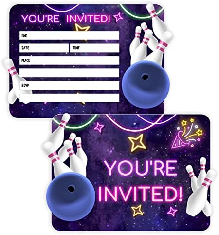 Неонски сјај за куглање со коверти, картички за покана за роденденска забава за тинејџери （20 пакувања)