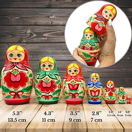Руски кукли за гнездење за возрасни поставени 7 компјутери - дрвени кукли со матриошка - рачно насликани руски кукли со цветни