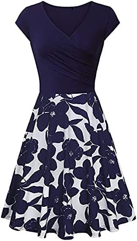 Fragarn секси фустани, женски обичен моден печатен краток ракав со кратки ракави V-вратот на коленото, партиски фустан