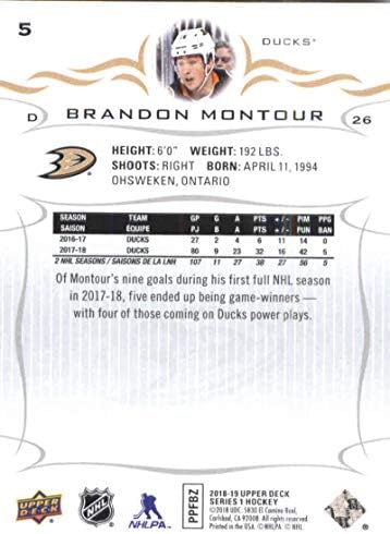 2018-19 Горна палуба 5 Брендон Монтур Анахајм патки NHL хокеј за трговија со хокеј
