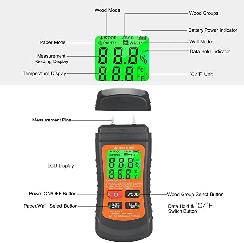 Мерач на влага од дрво WDBBY LCD дигитален влага тестер за влага со зелено задно осветлување тип на вода Истек на вода и детектор за влага за дрво wallид