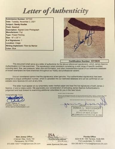 Гроздобер Сенди Куфакс потпишан 16x20-совршен потпис-JSA писмо-автограмирани фотографии од MLB