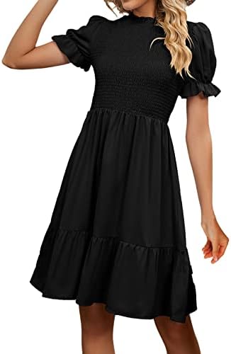 Icodod фустан женски 2023 летен одмор со цврста боја тенок штанд со јака од половината затворена фустани за кратки ракави за