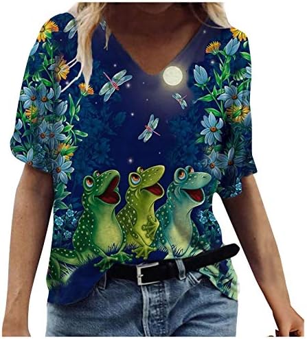 Летна маица со маица за вратот за жени кошули со кратки ракави, симпатични печатени маички со блуза, обични врвови лабави вклопуваат